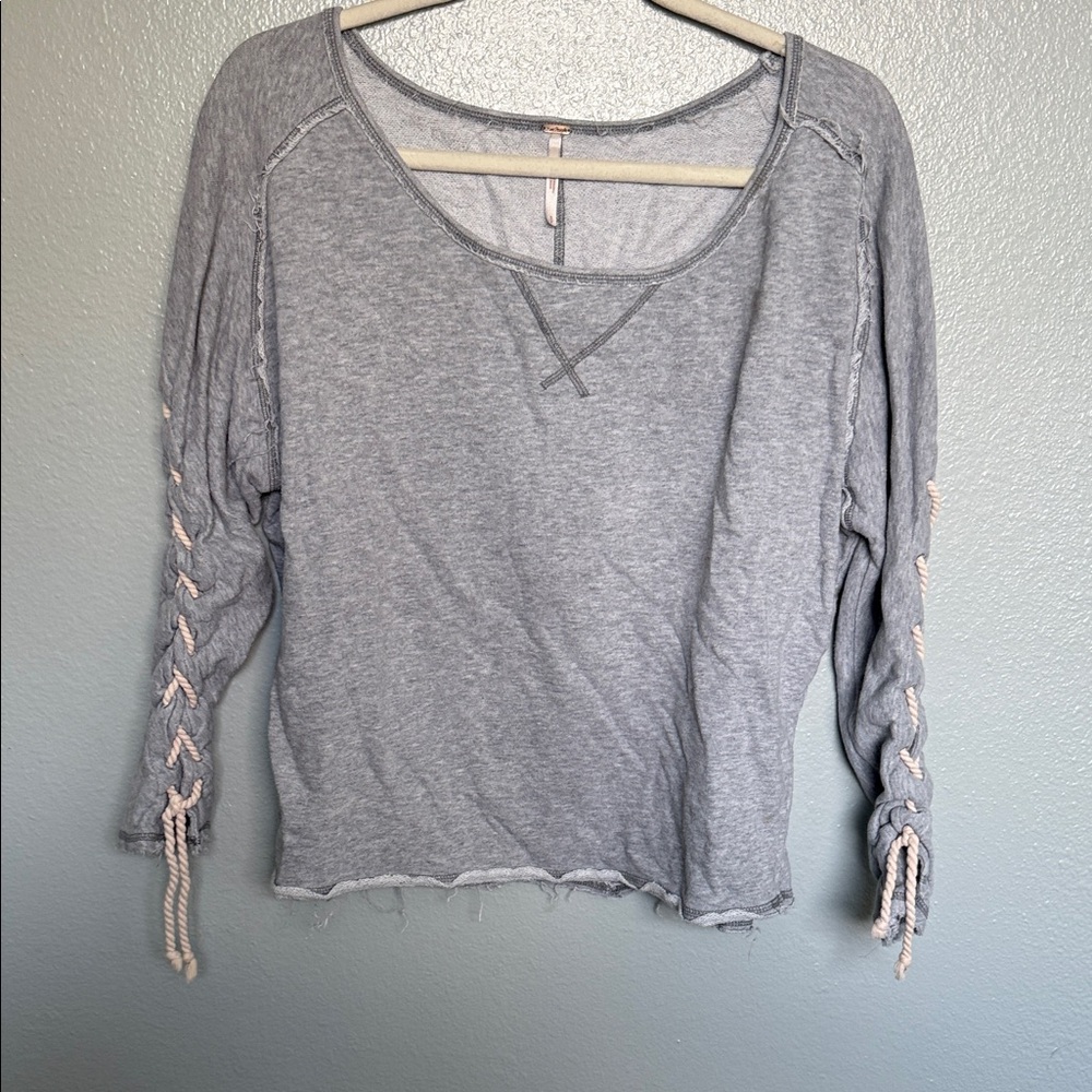 Free People Gray Lace-Up Sleeve Top